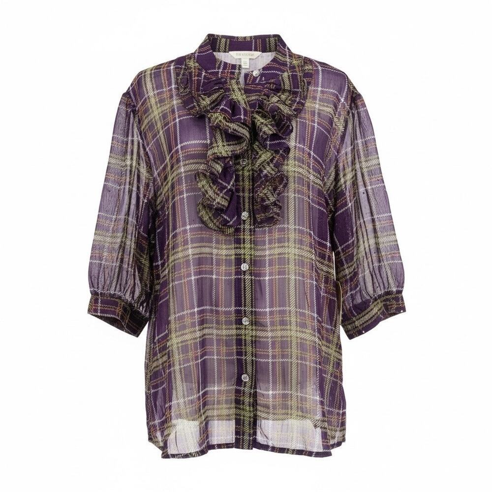 Apple Bottoms Purple Plaid Ruffle Sheer Blouse Top 1X Y2K NEW Retro Rhinestones